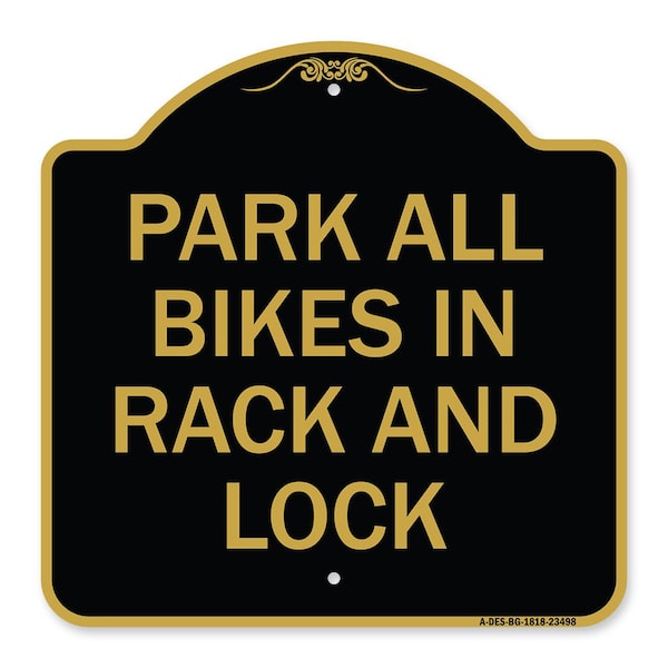 Signmission Park All Bikes in Rack and Lock Sign, Black & Gold Aluminum Sign, 18" x 18", BG-1818-23498 A-DES-BG-1818-23498 - main